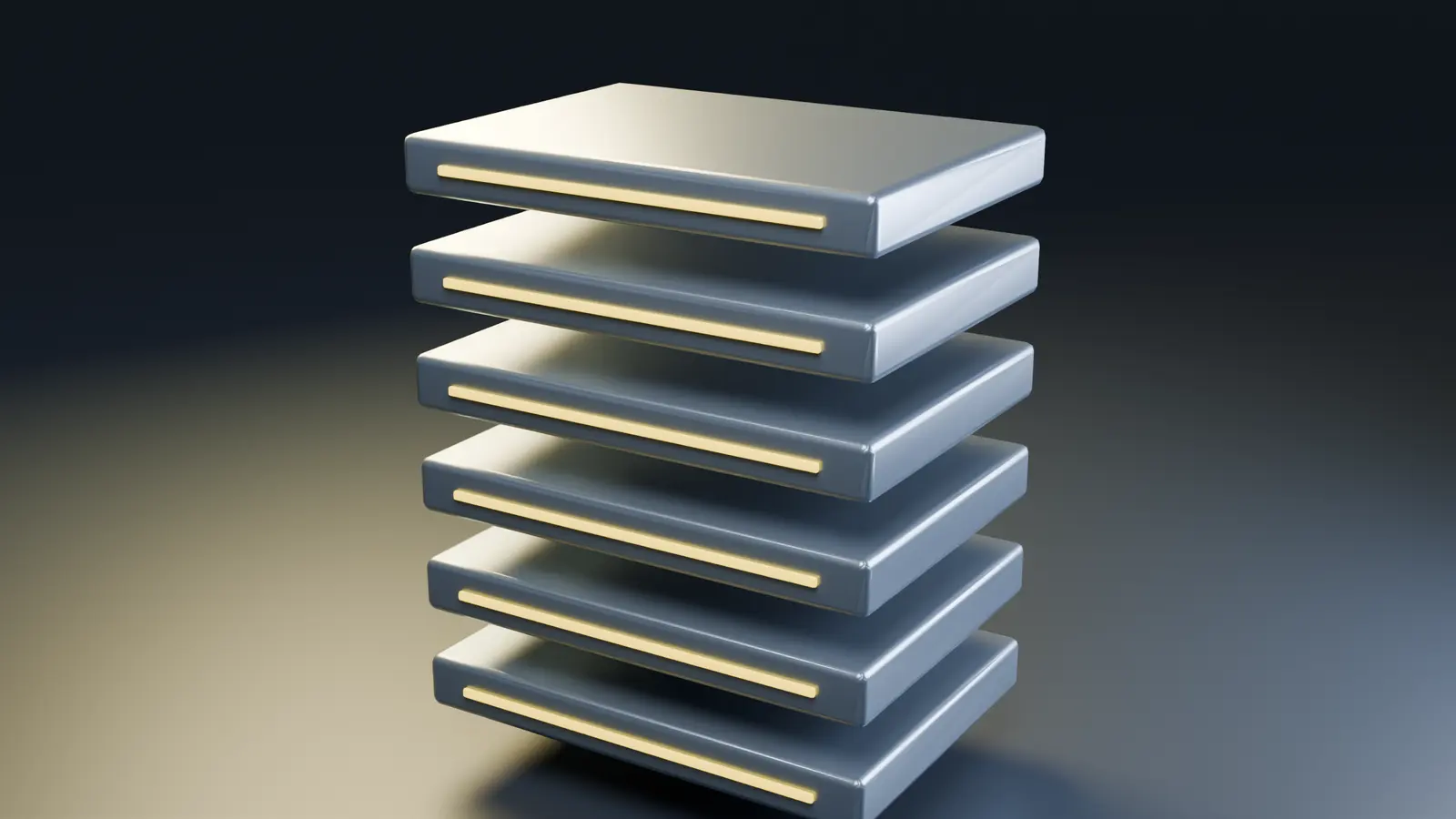 Six precision slabs form an interconnected platform stack.